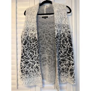 VANDANA Black White Fuzzy Eyelash Knit Leopard Print Sweater Vest Cardigan M